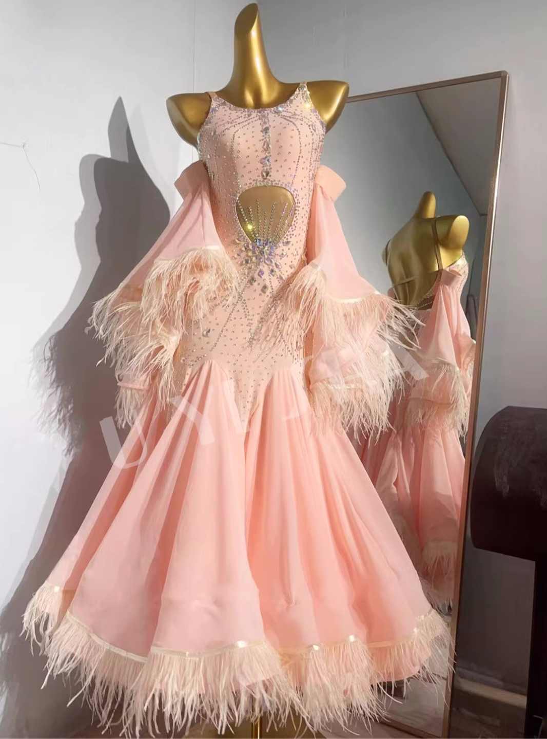 Custom Size Pink Feather Competition Ballroom Dance Dress Waltz Tango Smooth Dancing Gown