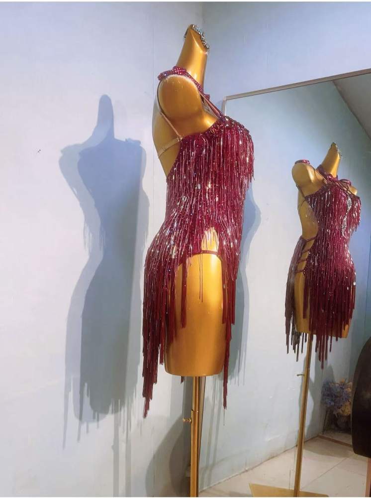 Custom Size Wine Fringe Competition Latin Dance Dresses for Women Girls Salsa Rumba Chacha Latin Dance Costumes