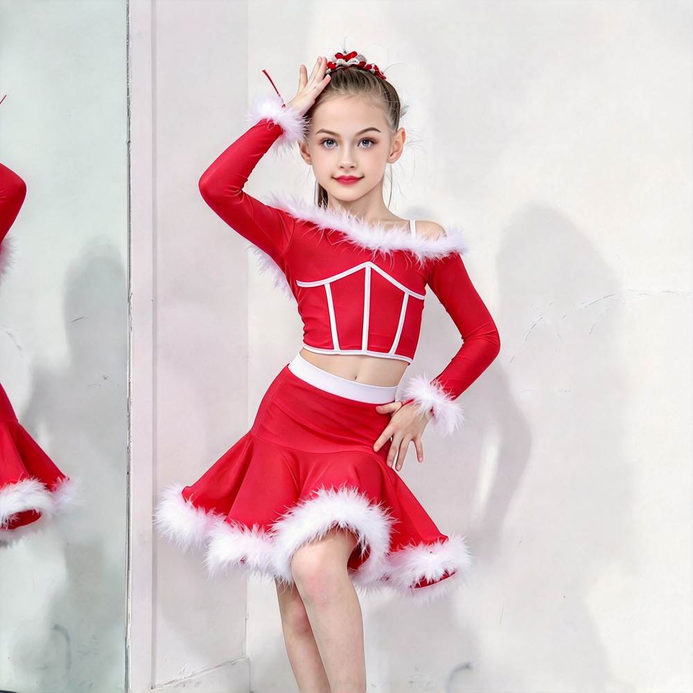 Girls Christmas Latin Dance Dress Off-the-Shoulder Xmas Party Performance Costume