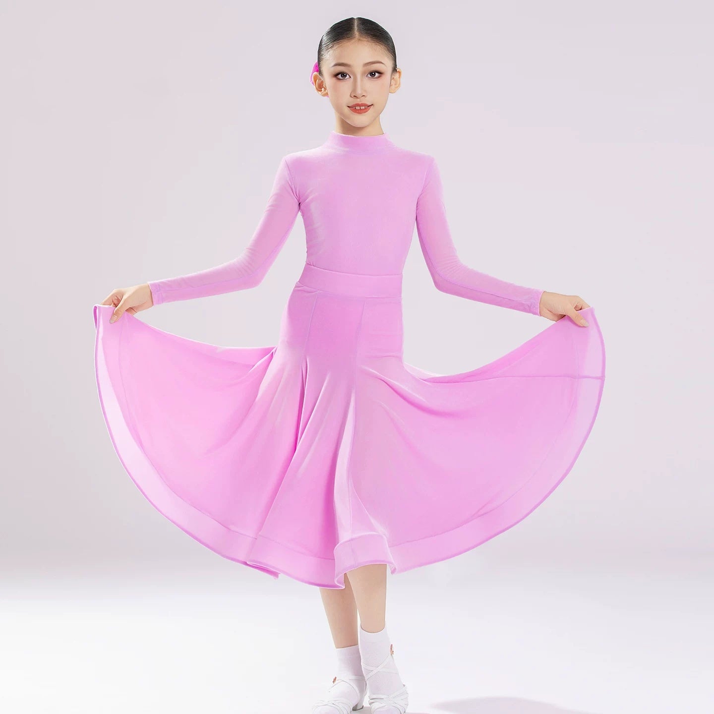 Girls Pink Purple Ballroom Dance Dress Waltz Tango Performance Gown