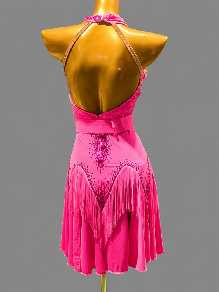 Custom Competition Aqua Blue Latin Dance Dress with Crystals & Fringe