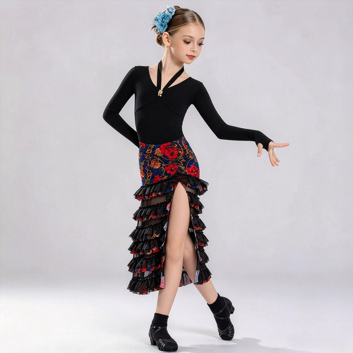 Girls Black Long Latin Dance Dress - Long Sleeve Halter Vintage Floral Ruffle Skirt Set