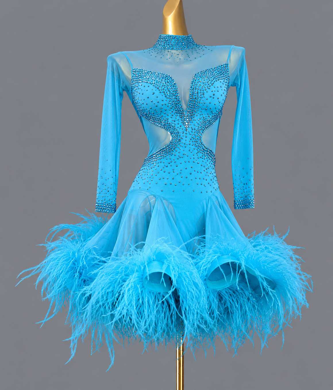 Custom Black Latin Dance Dress with Feathers & Crystals Salsa Chacha Competition Gown