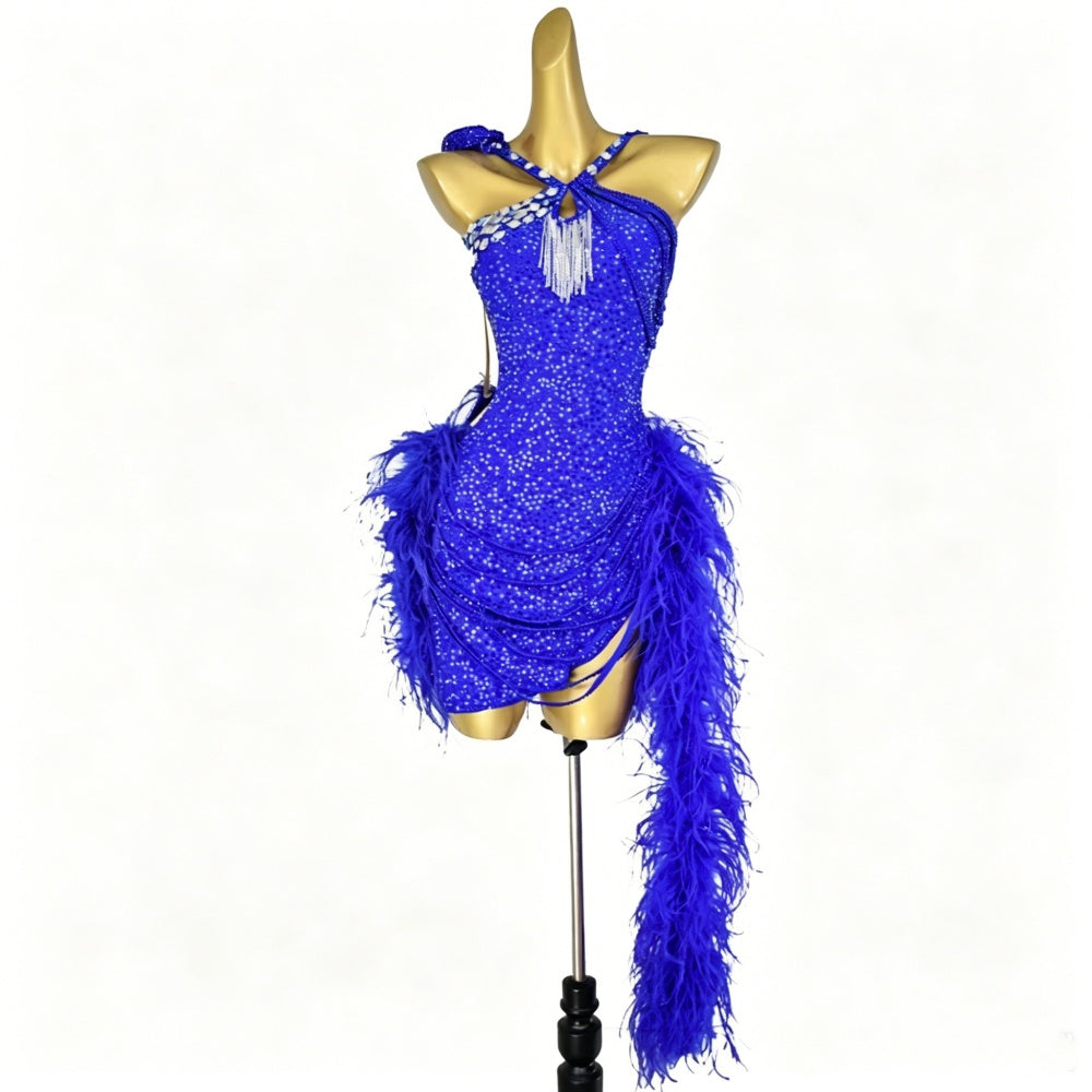 Custom Competition Feather Latin Dance Dress Royal Blue Red Fuchsia Pink Blackpool Salsa Samba Dance Clothes