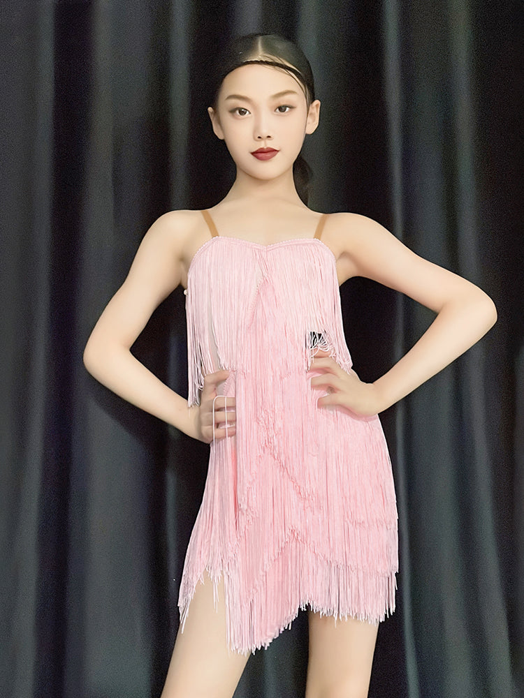 Latin dance Dresses for kids girl pink blue fringe latin ballroom salsa rumba chacha gradient tassel training outfits for Children - Moderndancedress.com