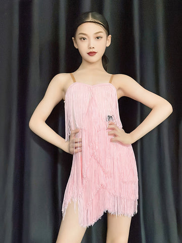 Latin dance Dresses for kids girl pink blue fringe latin ballroom salsa rumba chacha gradient tassel training outfits for Children - Moderndancedress.com