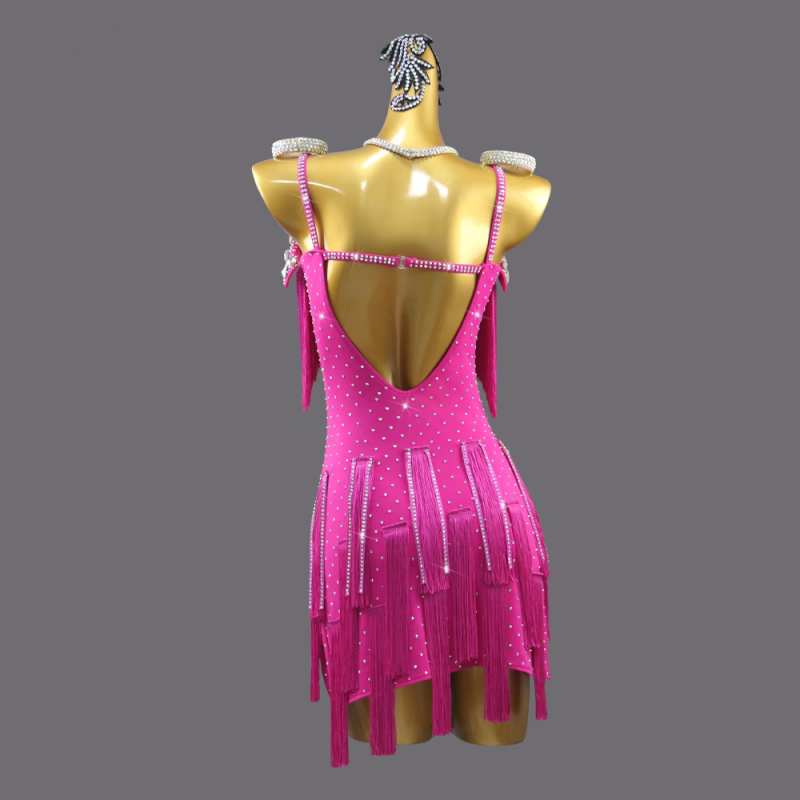 hot pink with black dresses Fuchsia Hot Pink Fringe Latin Dance Competition Dresses for Women Girls Salsa Rumba Chacha Performance Outfits Black Pool Dancing Wear – Moderndancedress.com