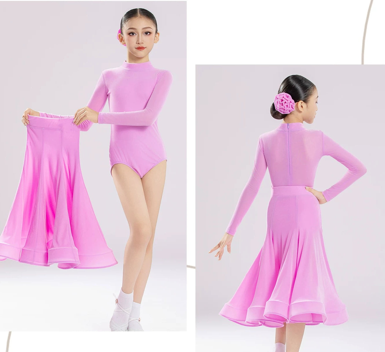 Girls Pink Purple Ballroom Dance Dress Waltz Tango Performance Gown
