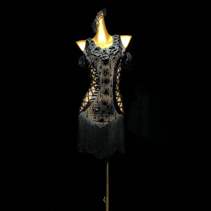 Custom Size Black Rose Flowers Competition Latin Dance Dress Salsa Rumba Ballroom Blackpool Dance Gown