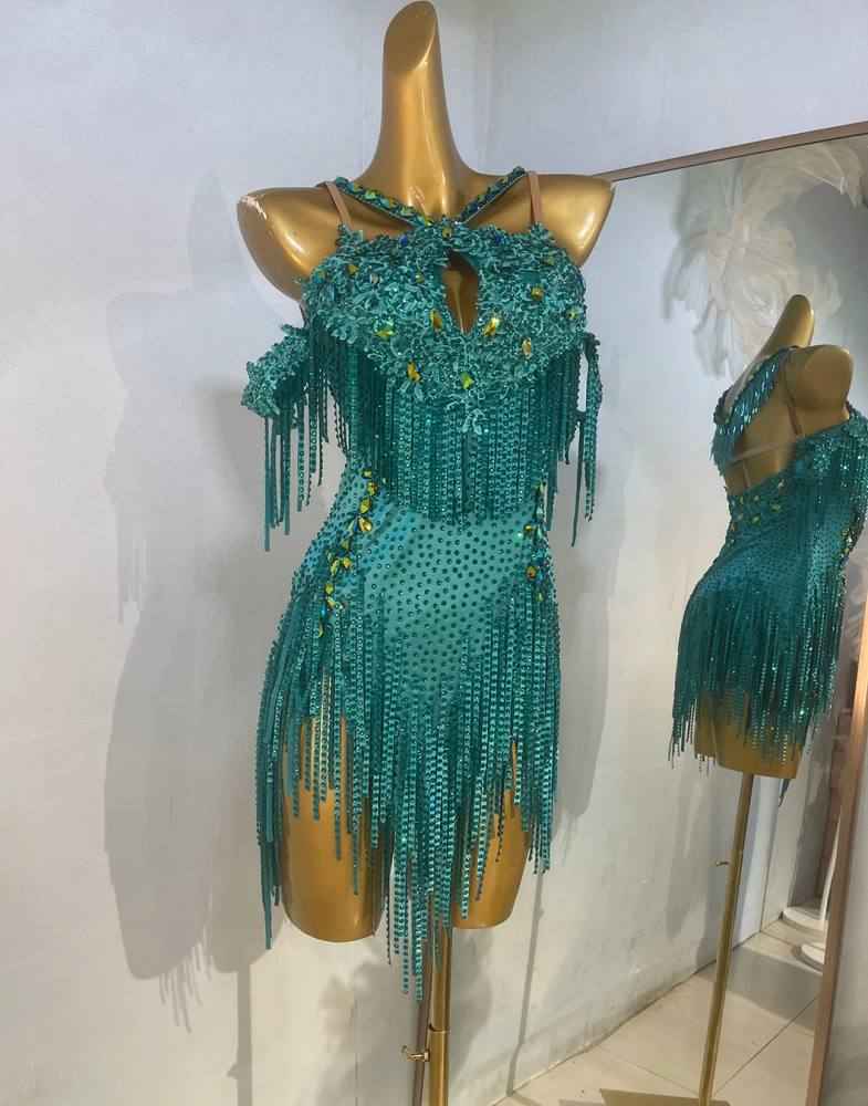 Custom Size Emerald Green with Gold Crystal Latin Dance Dress Competition Blackpool Dance Wear