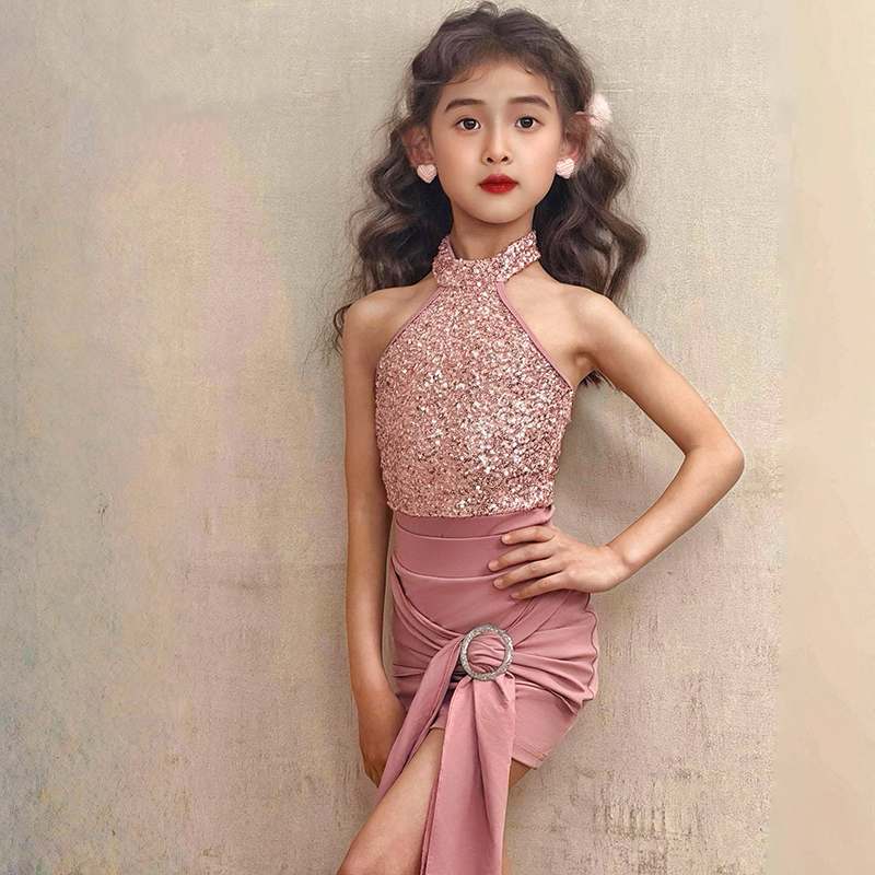 Girls Latin Dance Dresses Silver Blue Pink Sequins Irregular Skirt Party Salsa Latin Performance Costumes for Kids