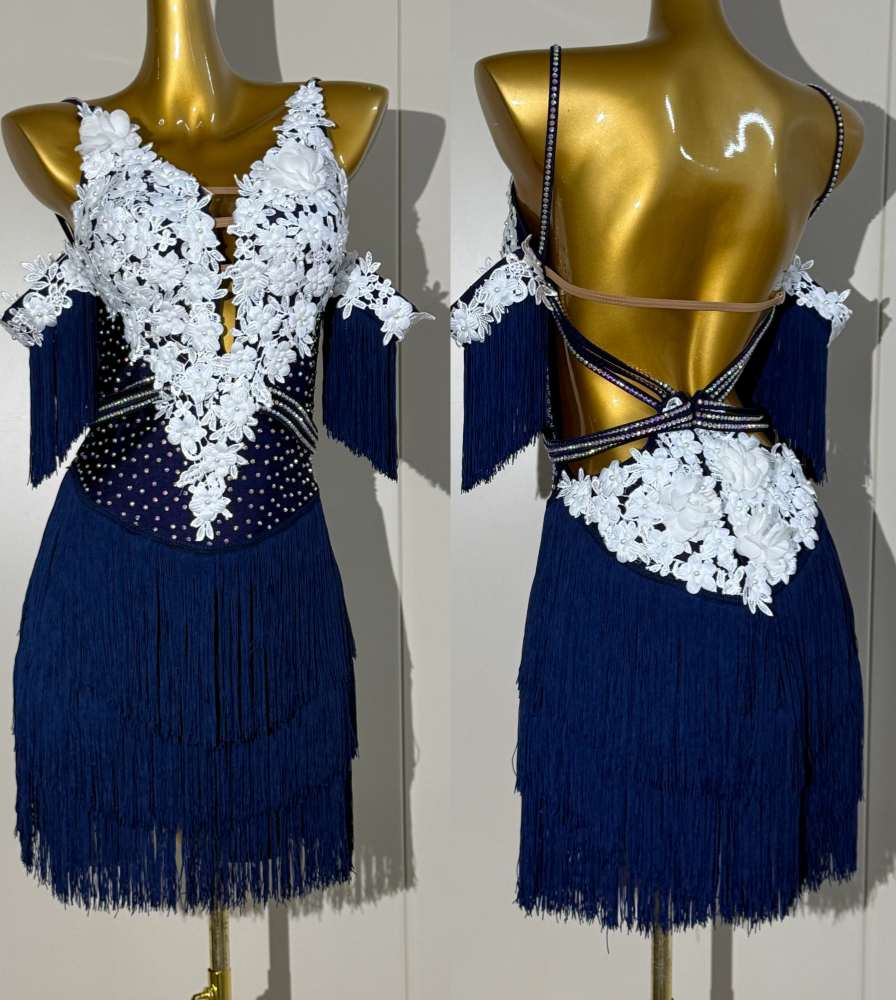 Custom Navy Blue Competition Latin Dance Dress with White Lace Floral Salsa Wear