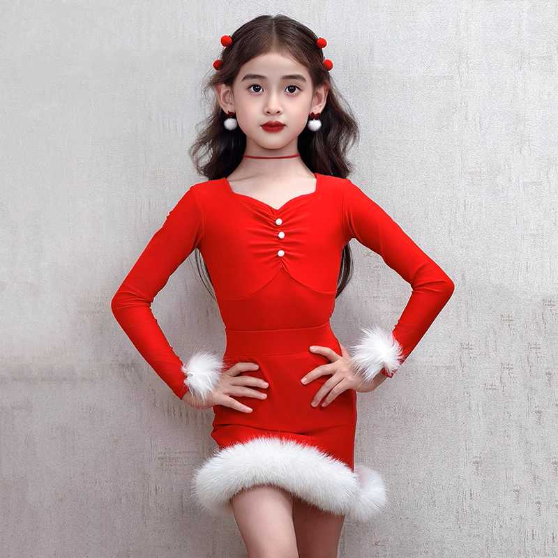 Girls Red with White Feather Latin Dance Dresses Salsa Rumba Chacha Holiday Xmas Party Latin Dance Costumes
