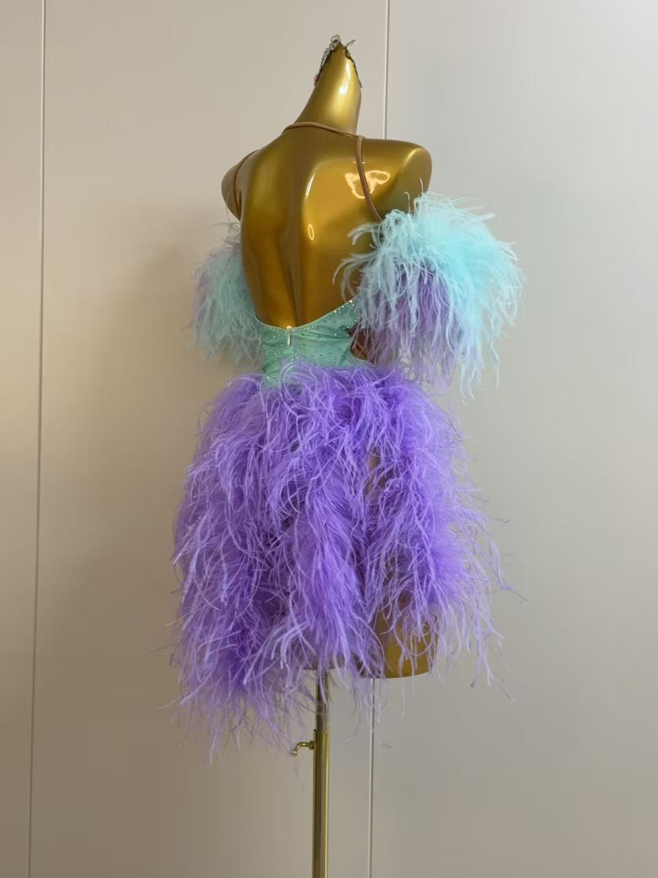 Custom Mint & Purple Latin Samba Dance Dress with Feathers