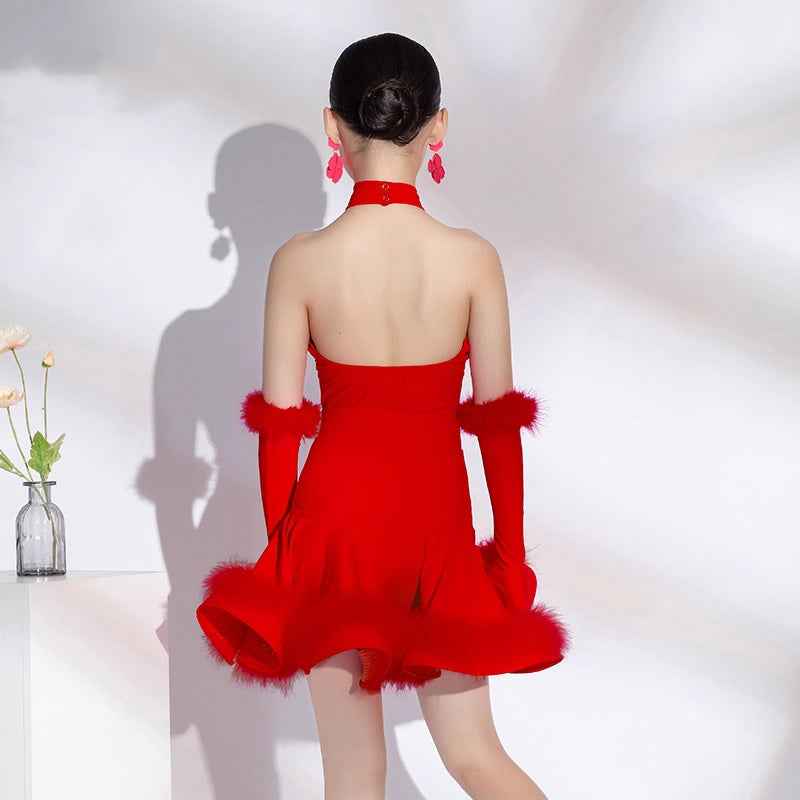 Girls Latin Dance Dresses Red Feather Haler Neck Competition Salsa Rumba Chacha Latin Dance Costumes Backless with Gloves