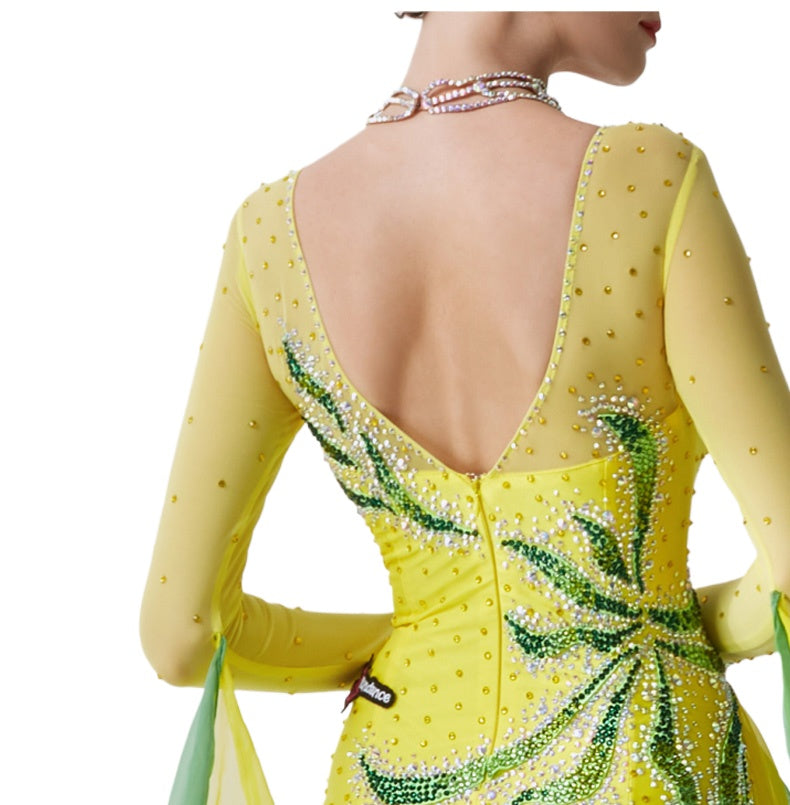 Custom Size Yellow Competition Ballroom Dance Dresses for Women Girls Rhythm Waltz Tango Dancing Gown - Moderndancedress.com