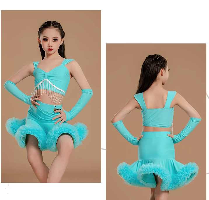 Girls Latin Dance Dresses Turquoise Mint Salsa Rumba Chacha Ruffled Latin Performance Practice Suit for Kids - Moderndancedress.com