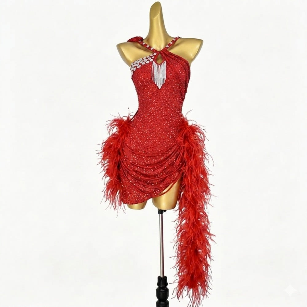Custom Competition Feather Latin Dance Dress Royal Blue Red Fuchsia Pink Blackpool Salsa Samba Dance Clothes
