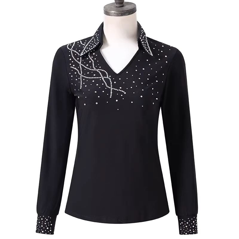 Men's Latin Ballroom Dance Shirts Ballroom Waltz Tango Long-sleeved Crystals Tops