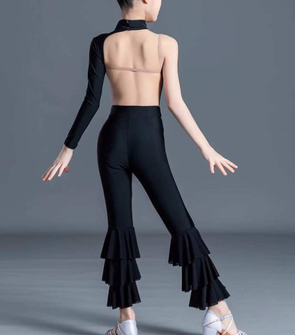 Girls Kids Black One Shoulder Ballroom Latin Dance Costumes Ballroom Salsa Rumba Latin Salsa Performance Outfits for Children - Moderndancedress.com