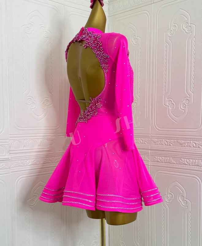 Custom Size Hot Pink Fringe Latin Dance Dress Salsa Ballroom Perform Costumes