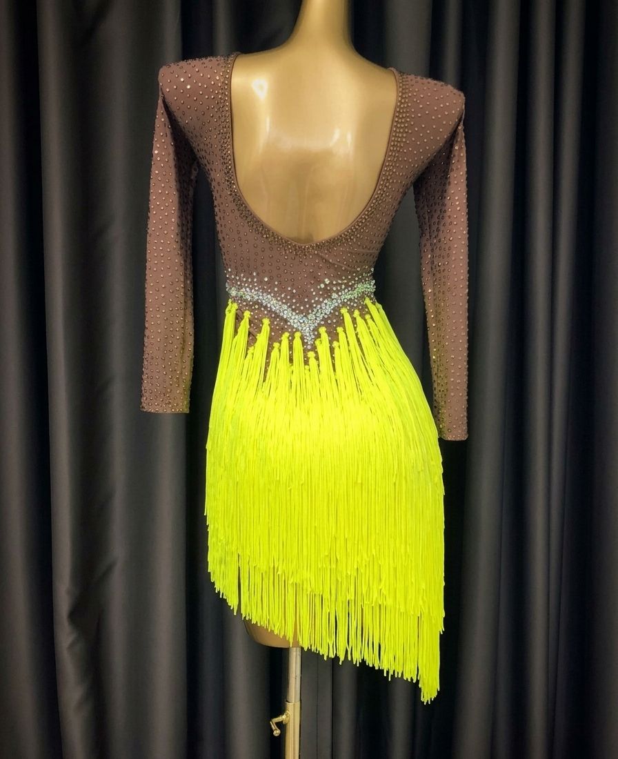 Custom Brown & Neon Yellow Latin Dance Dress Long Sleeve Salsa Gown