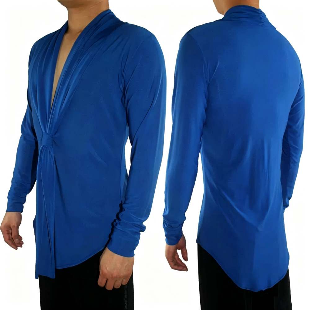 Men's Red Latin Dance Shirt - Deep V-Neck Long Sleeve Ballroom Top