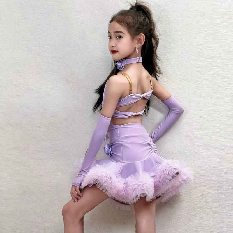 Girls Pink Lavender Latin Dance Dress Fringe 3d Rose Flower Salsa Chacha Dance Costume for Kids