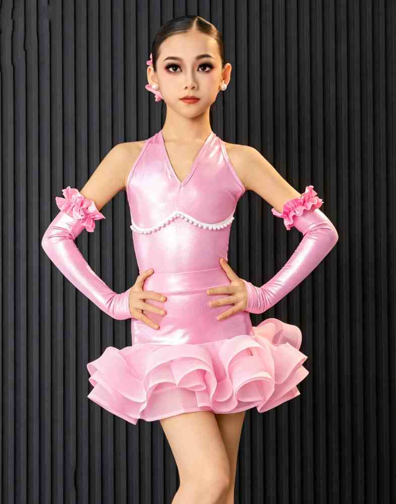 Girls Latin Dance Dress Emerald Green Pink Ruffles Salsa Ballroom Latin Performance Costumes with Gloves Headdress
