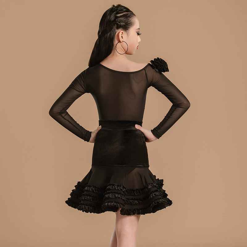 Girls Latin Dance Dresses Black Velvet Slant Neck Salsa Rumba Chacha Ballroom Latin Dance Costumes