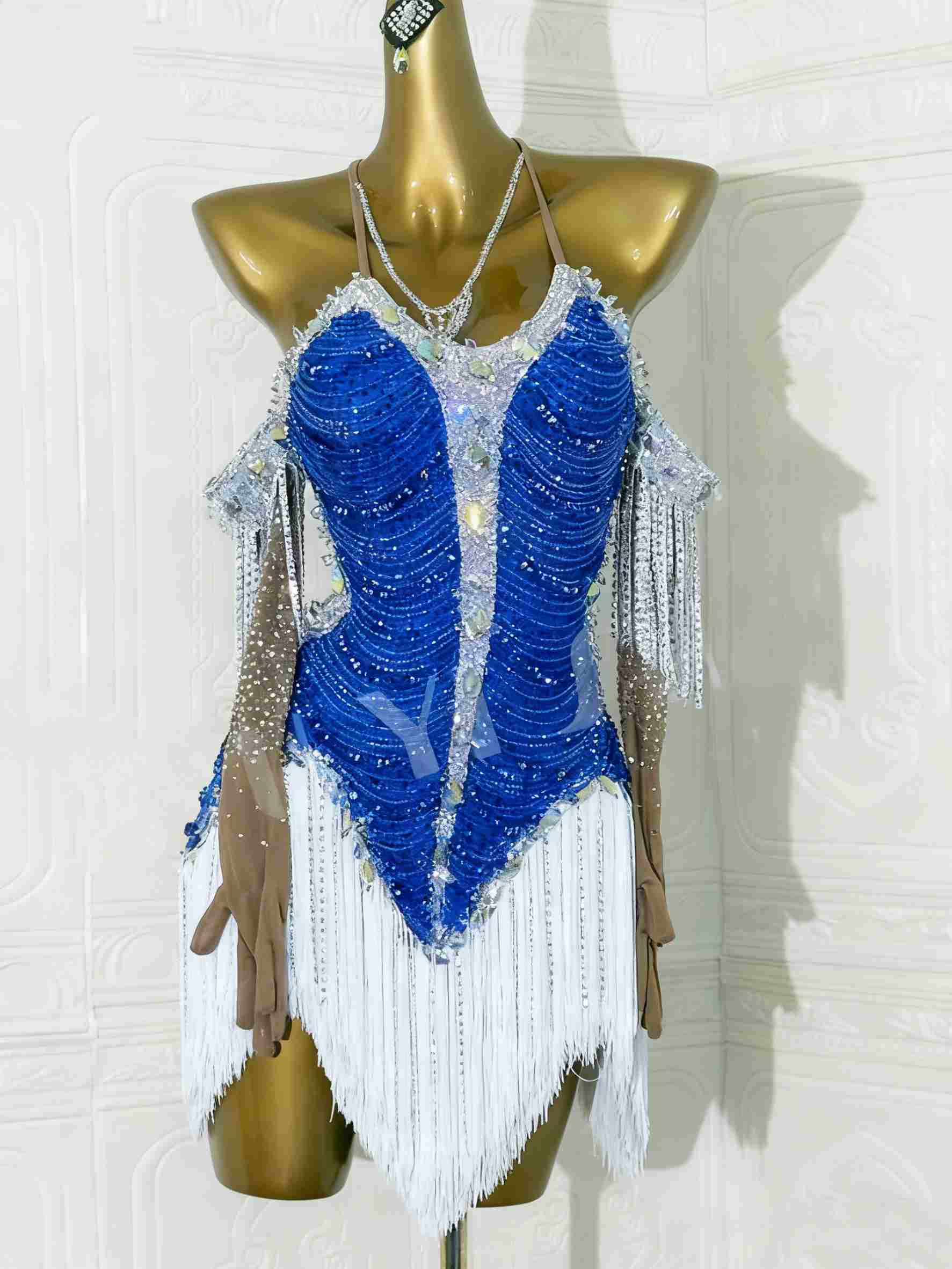 Custom Size Women's Competition Latin Dance Dress Royal Blue Wine Stones Salsa Dance Clothes