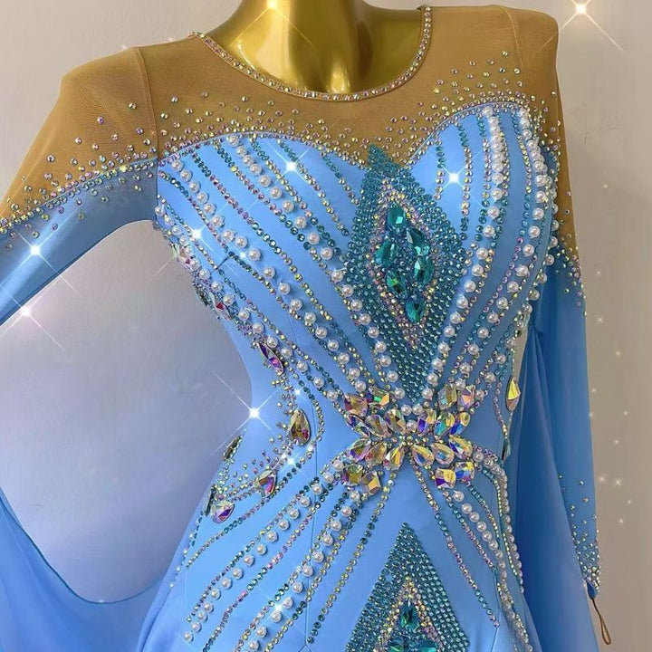 Blue crystal custom ballroom competition dress with rhinestone details