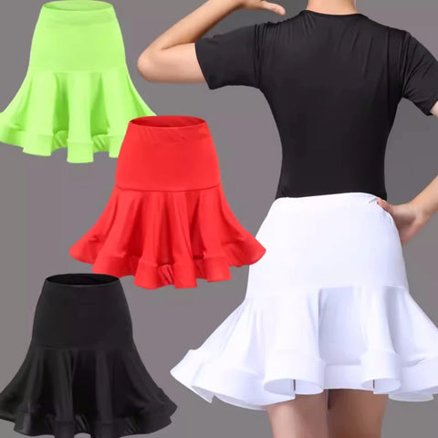 Girls Red Neon Green Black Latin Dance Skirt Kids Children Practice White Latin Salsa Chacha Dancing Skirt - Moderndancedress.com