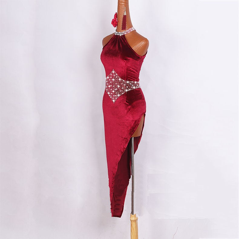 Diamond Latin Dance Dress Latin Dancing Dresses For Ladies Burgundy Elegant Fringe Skirt Women Stage Ballroom Compete Feminine Costumes - Moderndancedress.com