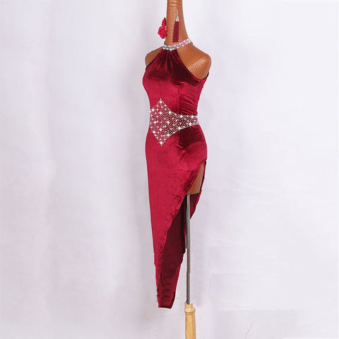 Diamond Latin Dance Dress Latin Dancing Dresses For Ladies Burgundy Elegant Fringe Skirt Women Stage Ballroom Compete Feminine Costumes - Moderndancedress.com