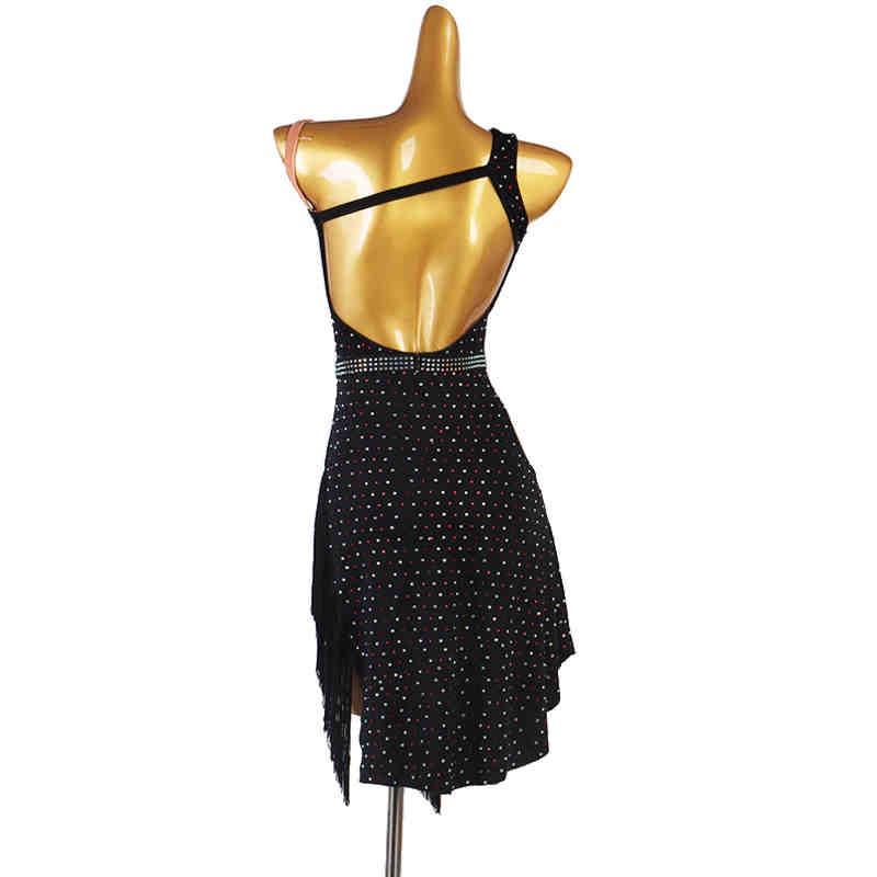 Black with rose flowers tassels diamond competition latin dance dresses for women girls latin costumes stage performance salsa rumba chacha dance dress - Moderndancedress.com