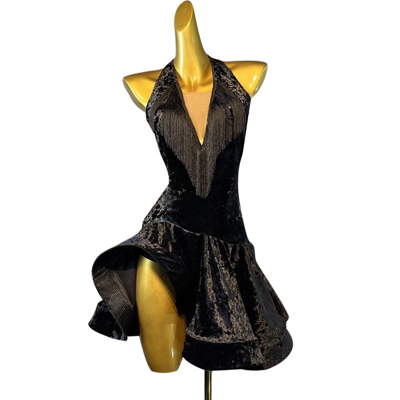 Black Red Magenta fringe velvet latin ballroom dance dresses for women girls v neck modern salsa rumba chacha stage performance costumes for female - Moderndancedress.com