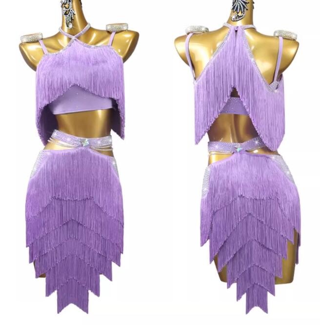 Lavender purple tassels competition latin dance dresses for women girls salsa rumba chacha ballroom dance wear for lady - Moderndancedress.com