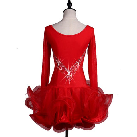 Red long sleeves ruffles skirts women's ladies rhinestones competition professional latin salsa rumba dance dresses