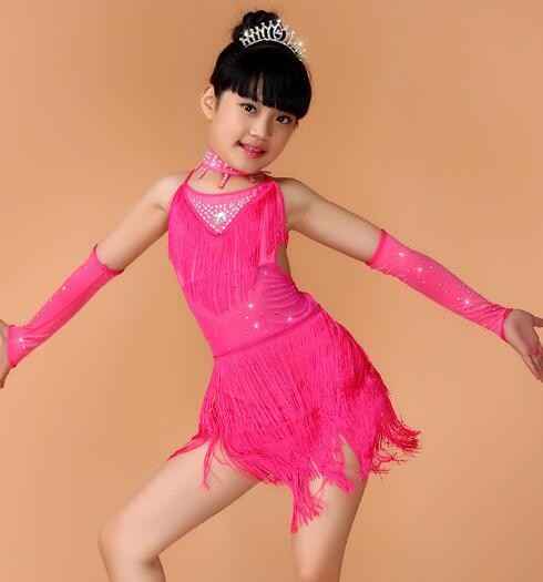 Girls latin dresses Sequin Fringe Blue Pink Black Red Latin Salsa Dress Child Girls Kids Latin Dance Costumes - Moderndancedress.com