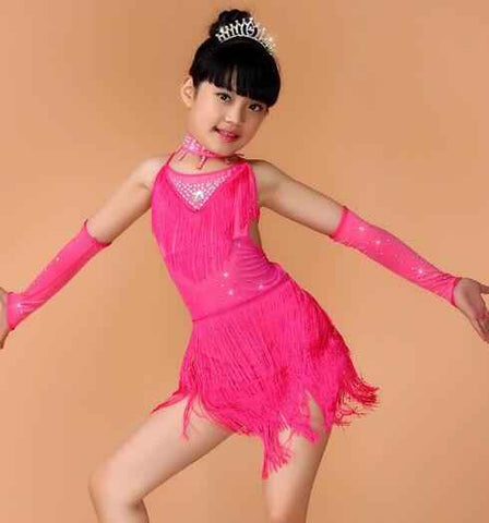 Girls latin dresses Sequin Fringe Blue Pink Black Red Latin Salsa Dress Child Girls Kids Latin Dance Costumes - Moderndancedress.com