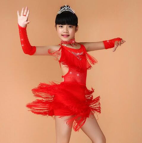 Girls latin dresses Sequin Fringe Blue Pink Black Red Latin Salsa Dress Child Girls Kids Latin Dance Costumes