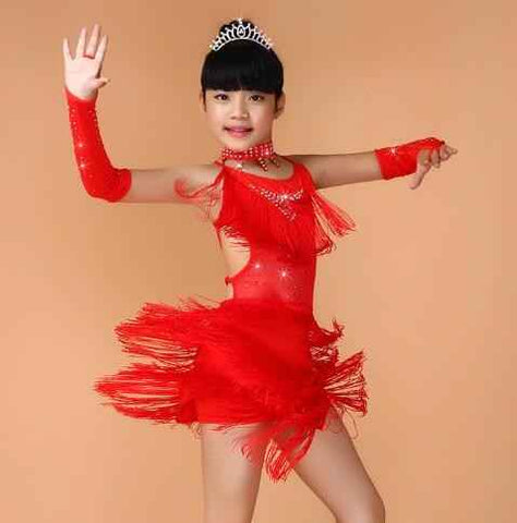 Girls latin dresses Sequin Fringe Blue Pink Black Red Latin Salsa Dress Child Girls Kids Latin Dance Costumes - Moderndancedress.com