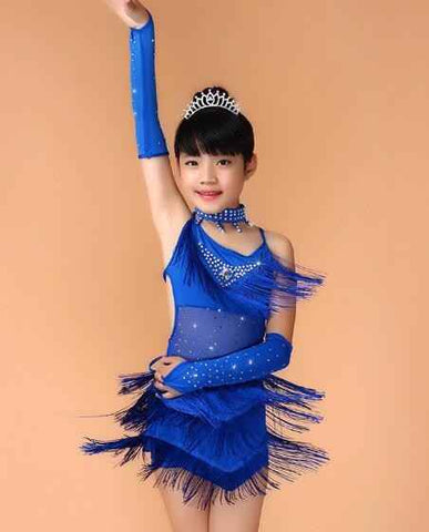 Girls latin dresses Sequin Fringe Blue Pink Black Red Latin Salsa Dress Child Girls Kids Latin Dance Costumes