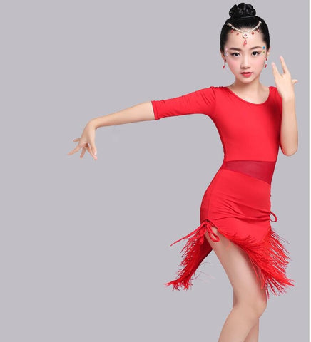 Red Black Half Sleeve Latin Dance Dress Children Girls Salsa/Tango Fringe Dance Costumes Mesh Waist Performance Dress Sexy