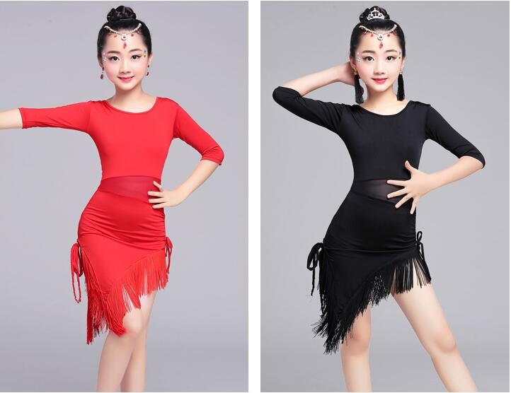 Red Black Half Sleeve Latin Dance Dress Children Girls Salsa/Tango Fringe Dance Costumes Mesh Waist Performance Dress Sexy