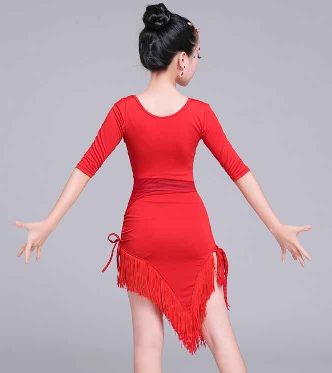 Red Black Half Sleeve Latin Dance Dress Children Girls Salsa/Tango Fringe Dance Costumes Mesh Waist Performance Dress Sexy - Moderndancedress.com