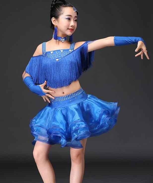 Girls competition latin dresses Pink blue purple Tassel Latin dance costumes ballroom stage performance dress birthday gift clothes - Moderndancedress.com