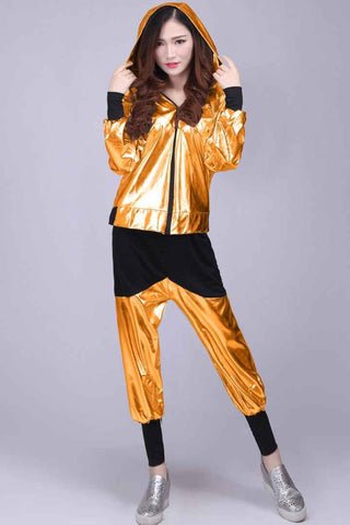 Children boy girls silver gold Hip hop jazz dance costume,modern jazz dance outfits loose long sleeve students hip hop performance clothes - Moderndancedress.com