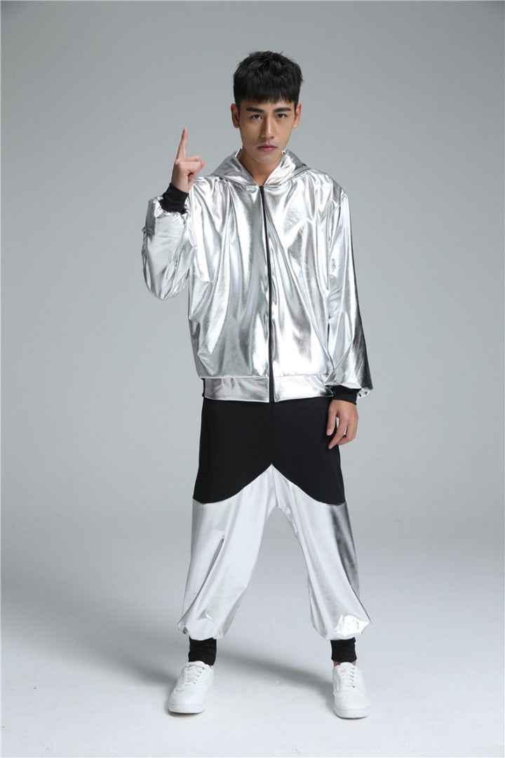 Children boy girls silver gold Hip hop jazz dance costume,modern jazz dance outfits loose long sleeve students hip hop performance clothes - Moderndancedress.com